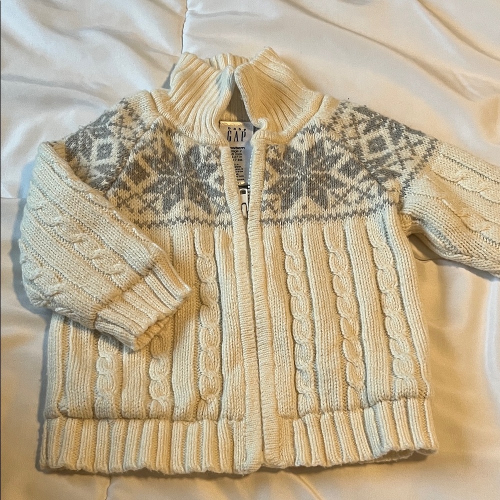 GAP Cream Zip-Up Cable Knit Cardigan with Gray Fair Isle